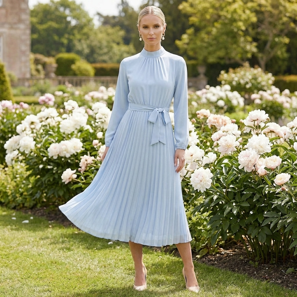 Women’s Dress | Long Sleeve Midi Pleated Belted Slim Fit