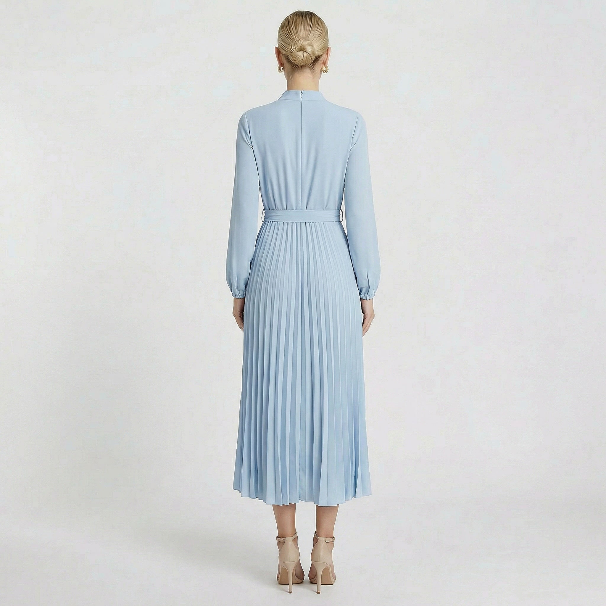 Women’s Dress | Long Sleeve Midi Pleated Belted Slim Fit