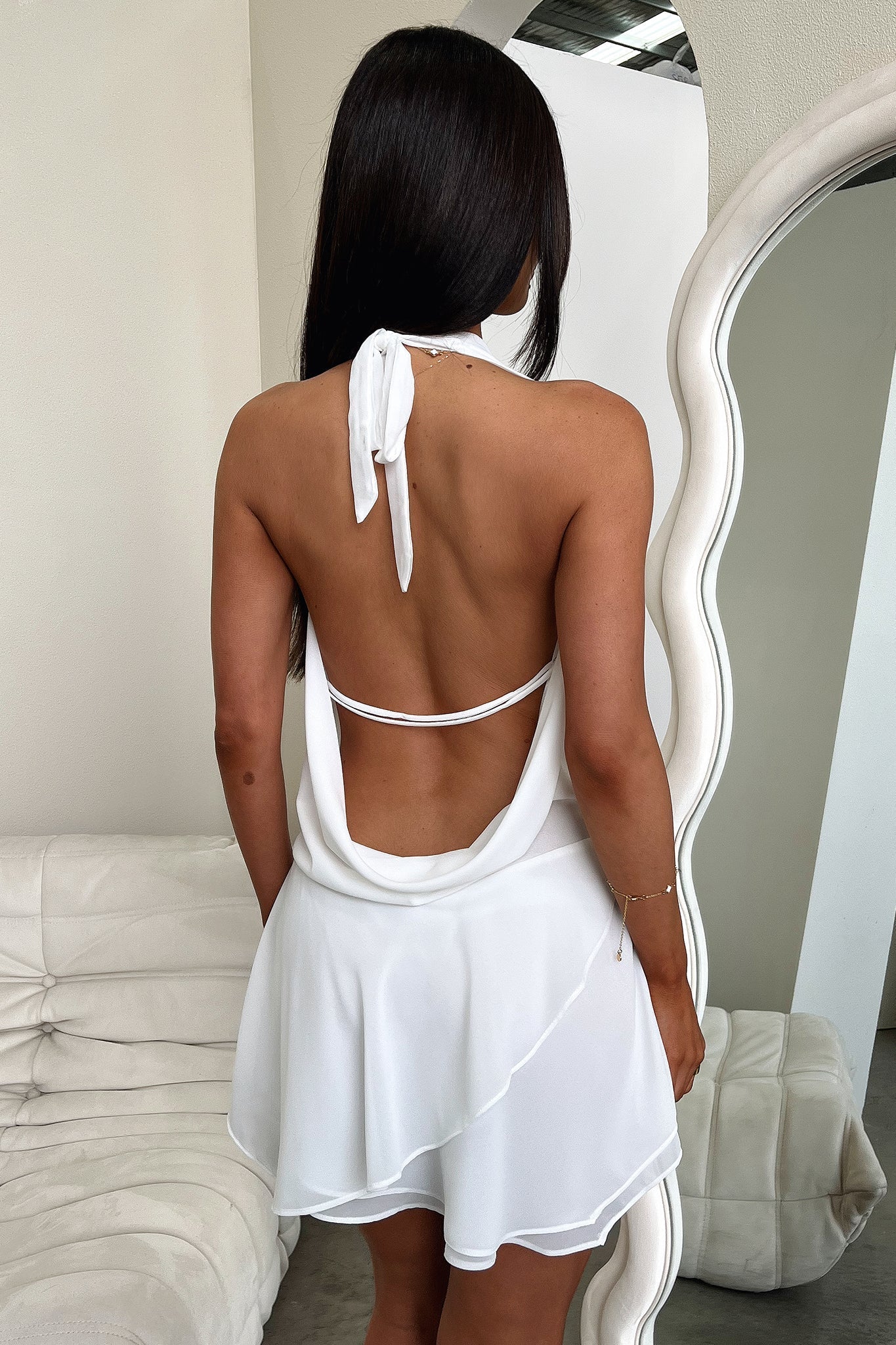 Women's Mini Dress | Halter Neck, Cowl Drape & Peplum Hem