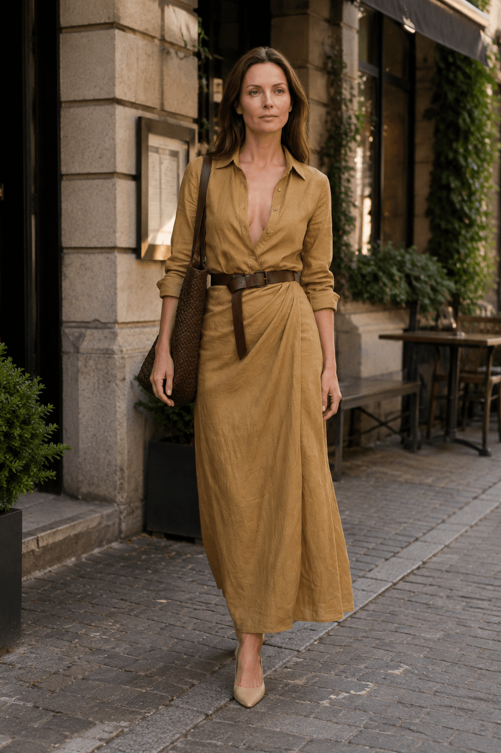 Women's Shirt Dress | Maxi with Draped Skirt & Long Sleeves