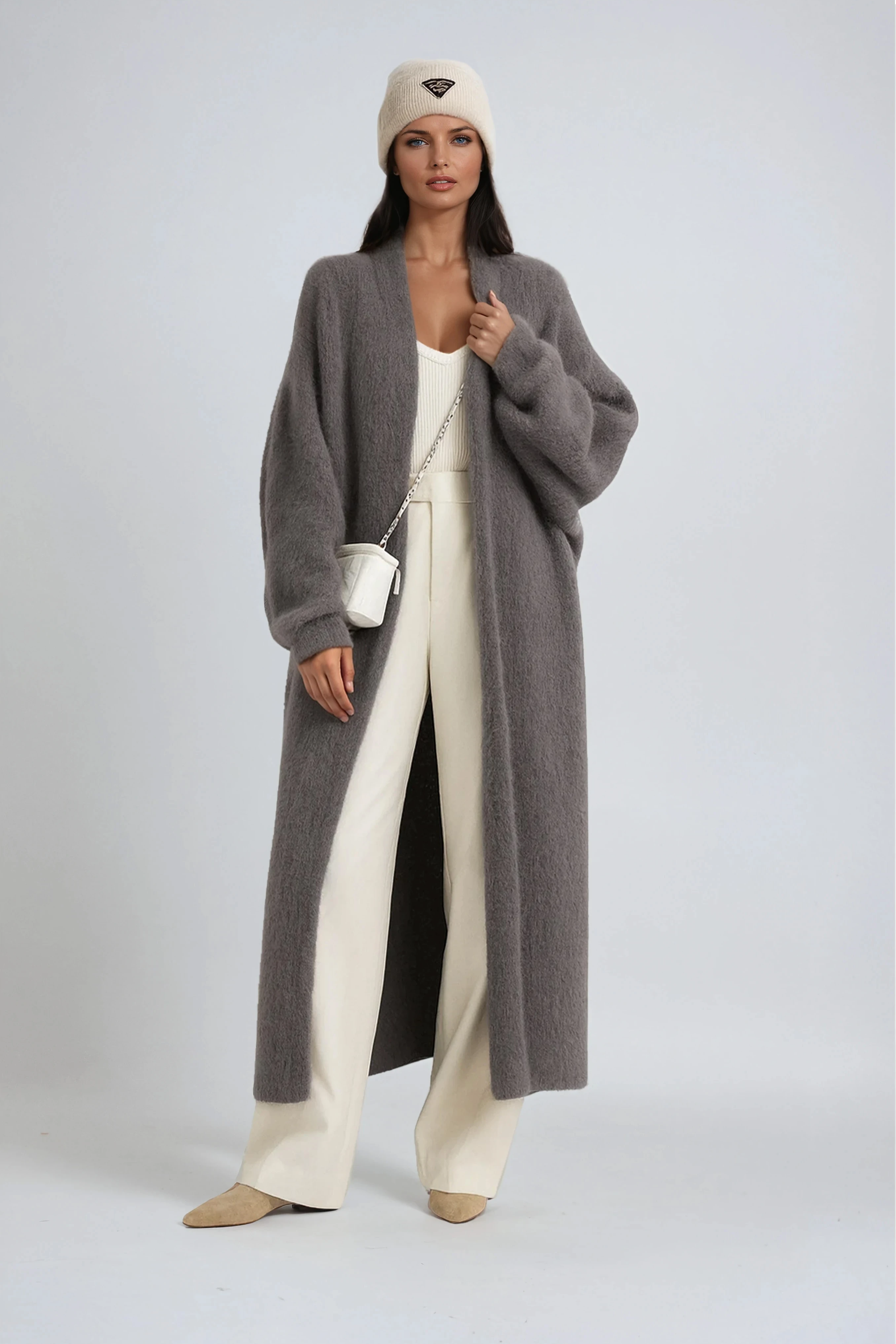 Womens Longline Open-Front Cardigan with Dropped Shoulders and Relaxed Fit