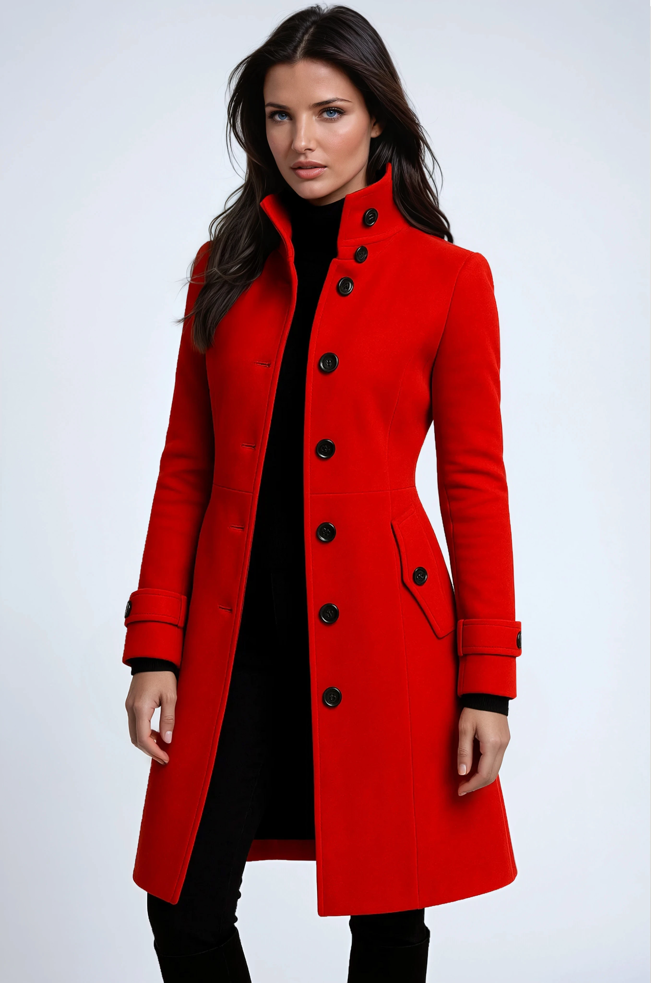 Tailored Longline Woman Coat with Buttoned Side Pockets and Flattering Waist Shaping