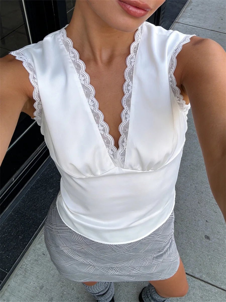 Top Women | Sleeveless V-Neck with Open Back, Lace Trim & Tie Detail