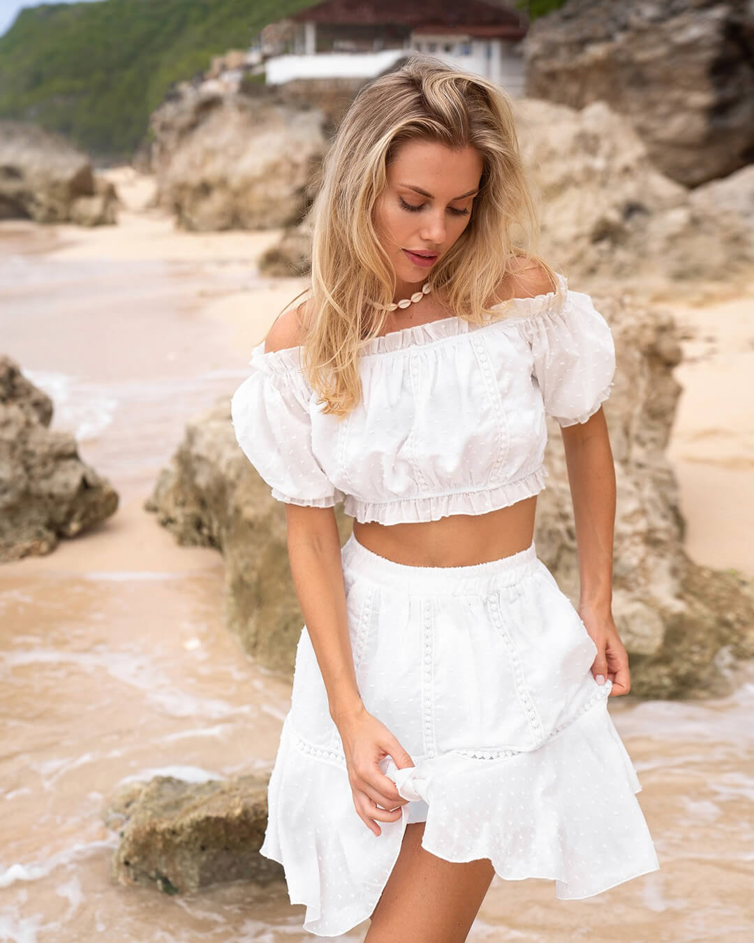 Women's Co-Ord Set | Bardot Crop Top, Puff Sleeves & Tiered Mini Skirt