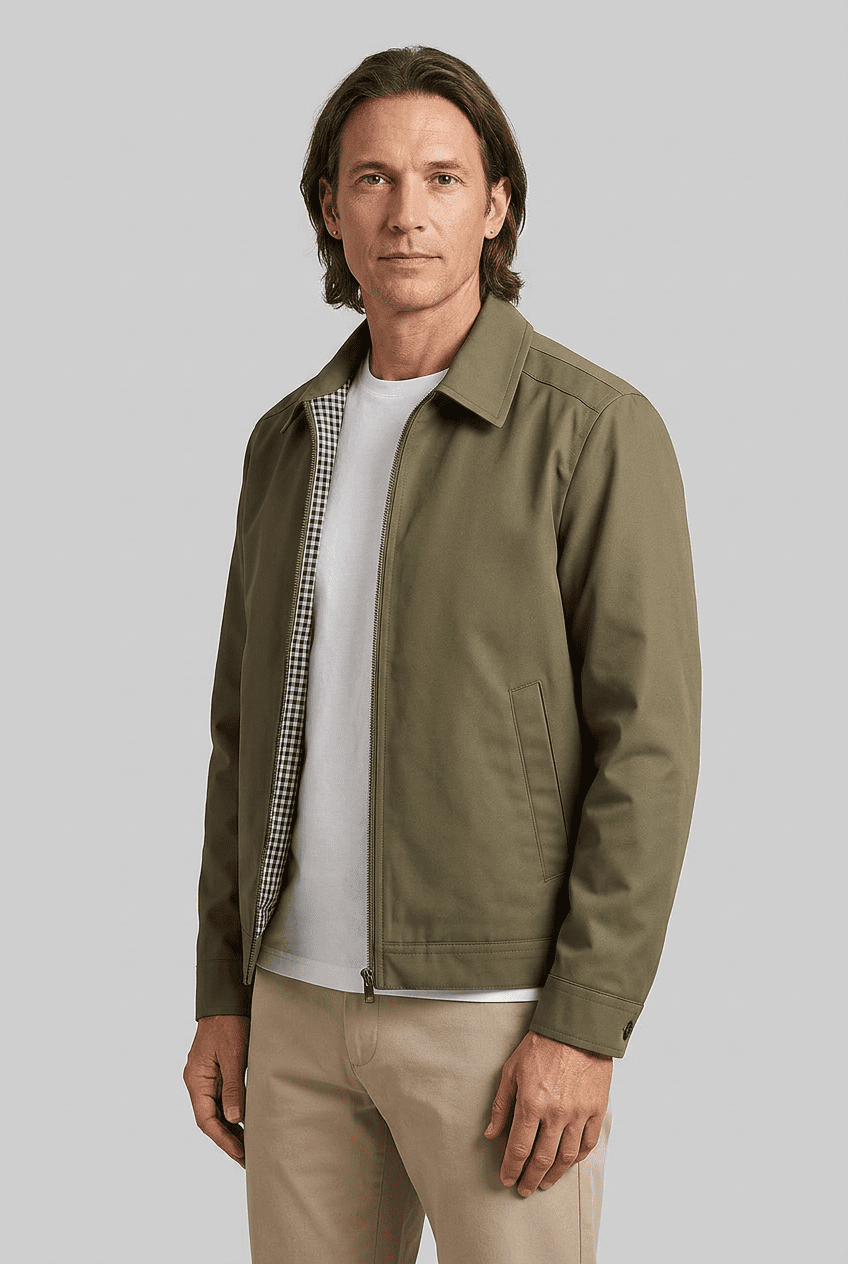 Men's Zip Up Jacket with Shirt Collar and Checked Lining | Harrington Style