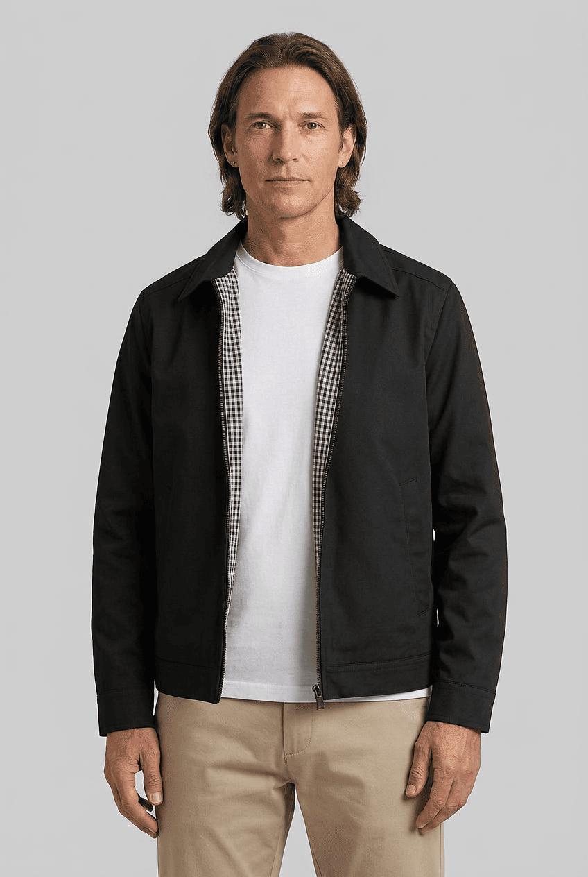 Men's Zip Up Jacket with Shirt Collar and Checked Lining | Harrington Style