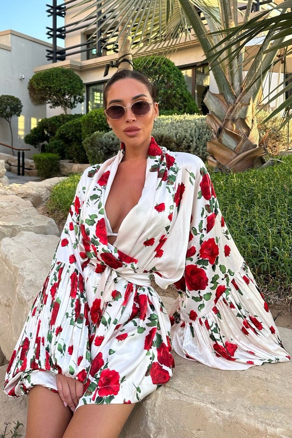 Women's Floral Mini Dress | Wrap V-Neck & Lantern Sleeves