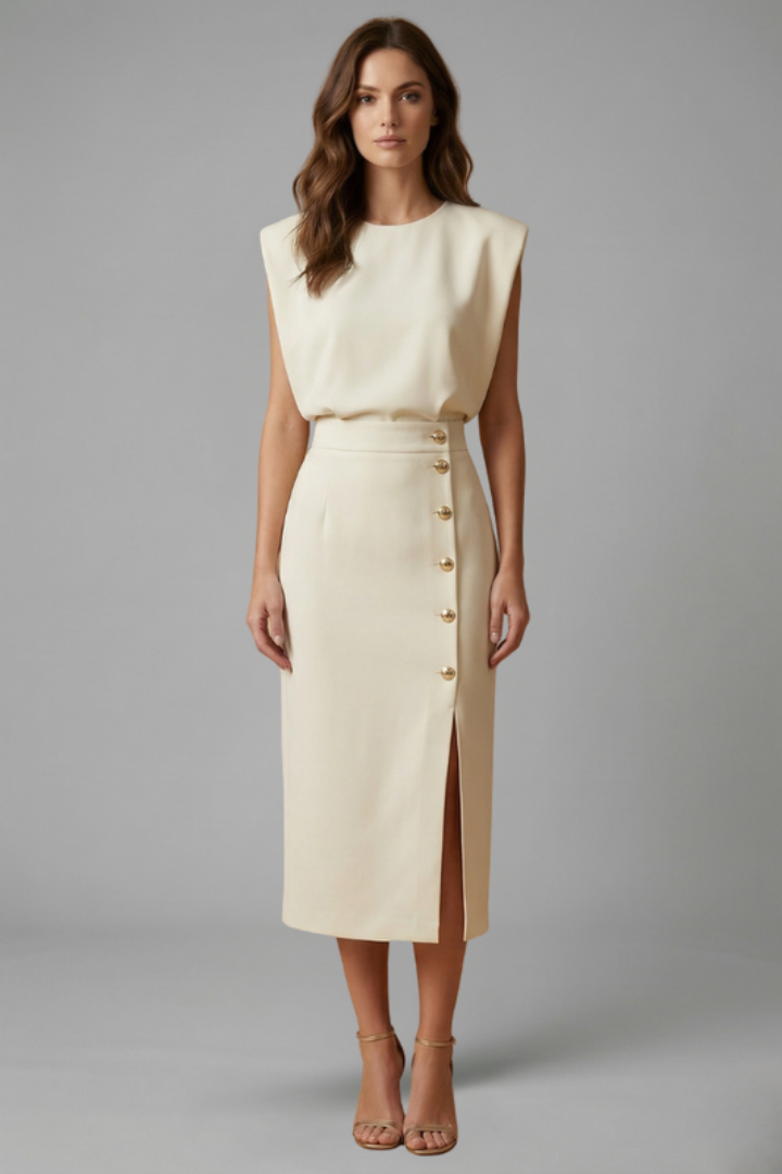 Women’s Dress | Button Slit Midi Round Neck