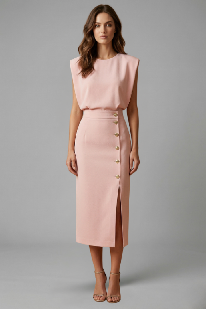 Women’s Dress | Button Slit Midi Round Neck