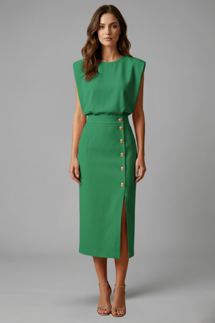 Women’s Dress | Button Slit Midi Round Neck