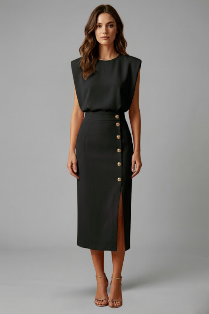 Women’s Dress | Button Slit Midi Round Neck