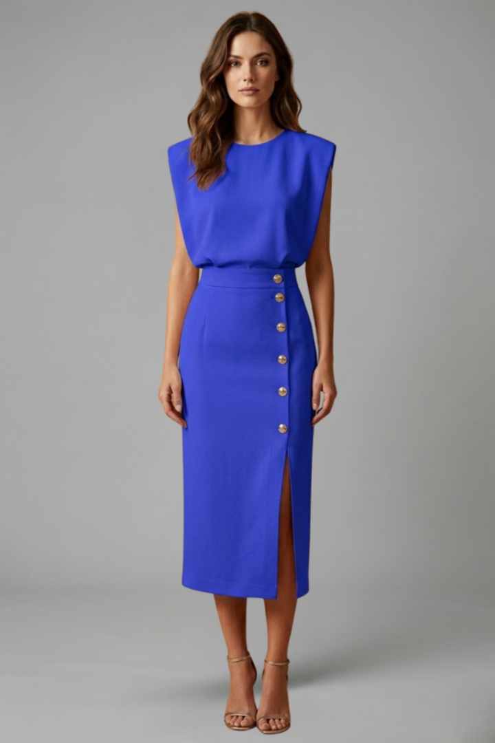 Women’s Dress | Button Slit Midi Round Neck