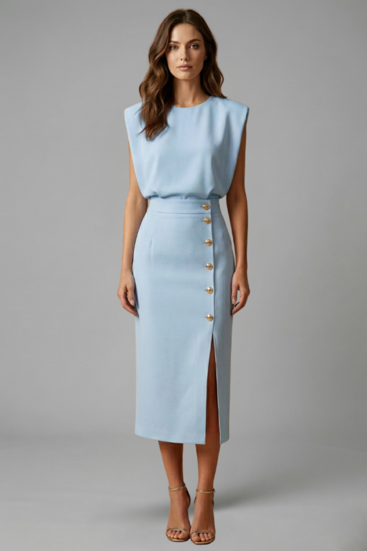Women’s Dress | Button Slit Midi Round Neck