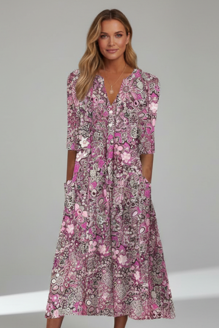 Women’s Dress | 3/4 Sleeves Midi V-Neck