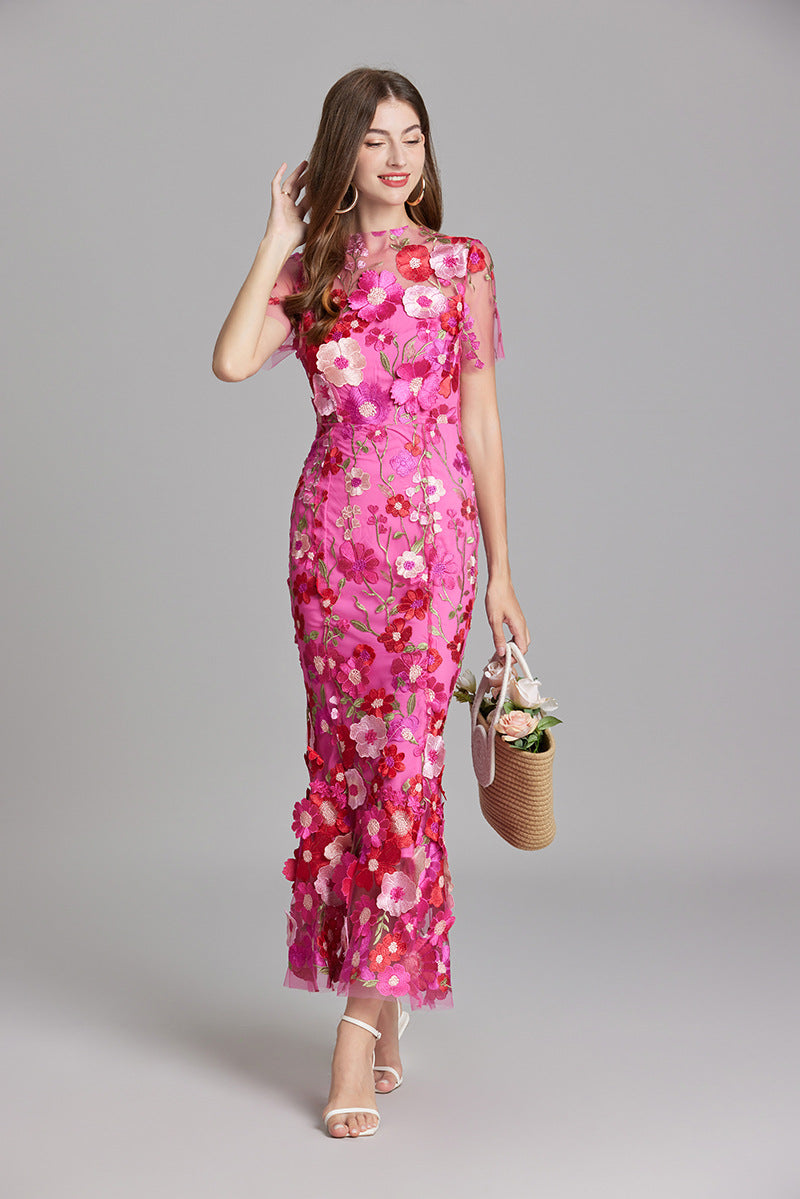 Women's Dress | Floral Embroidered Pink Maxi