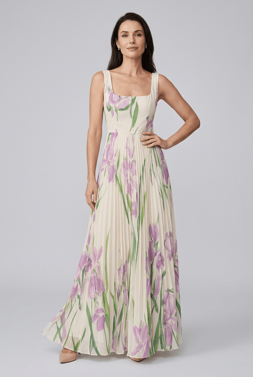 Women's Wedding Guest Dress with Floral Print | Pleated A-Line Skirt