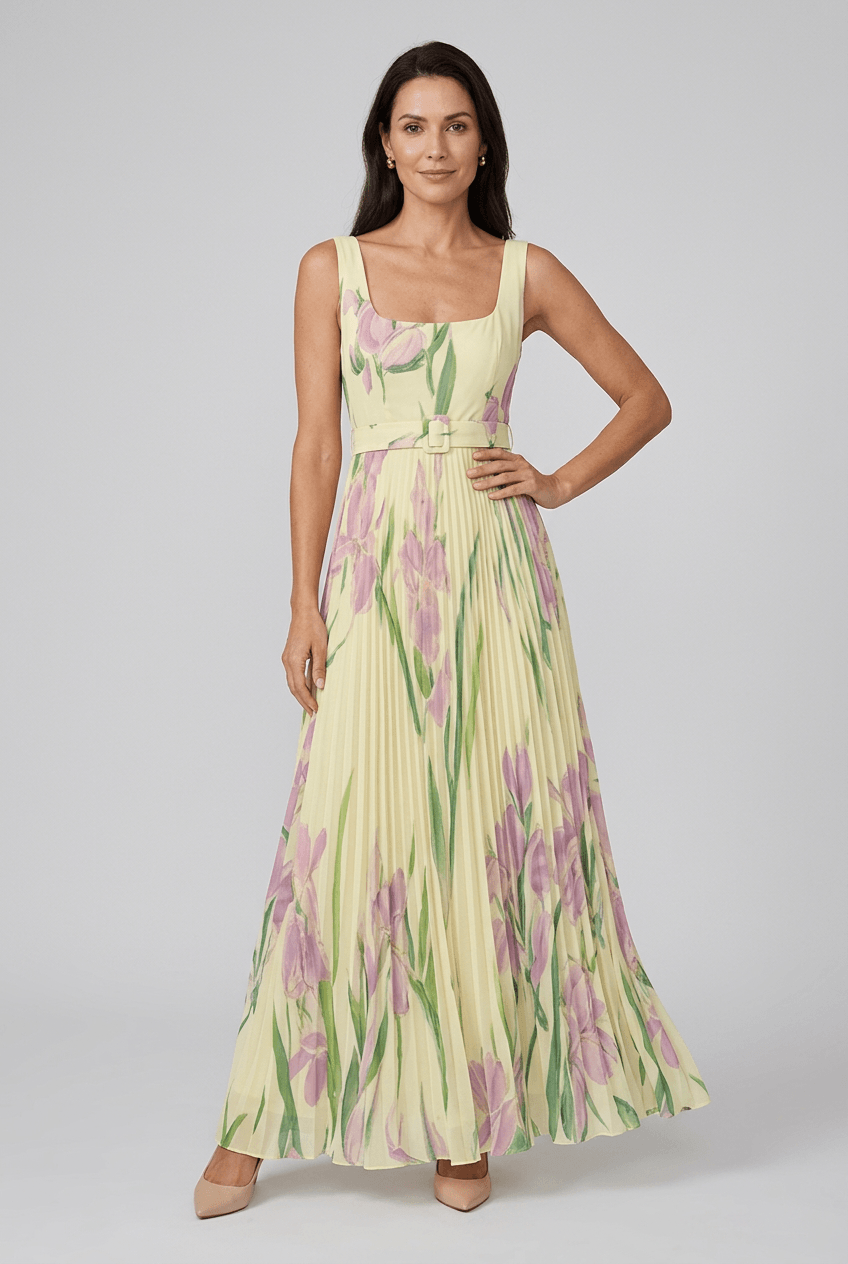 Women's Wedding Guest Dress with Floral Print | Pleated A-Line Skirt