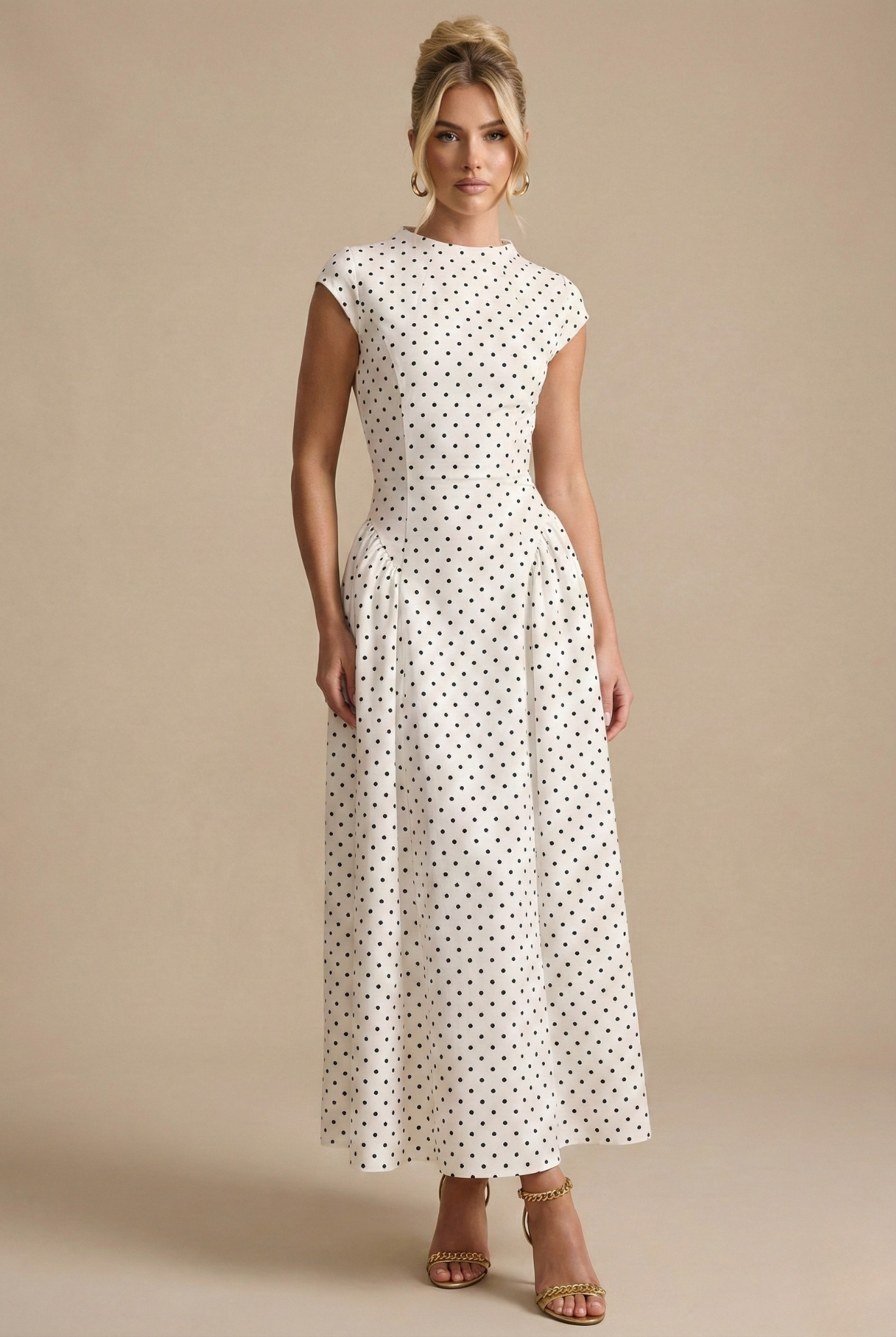 Women's Dress | White Polka Dot Midi with Cap Sleeves