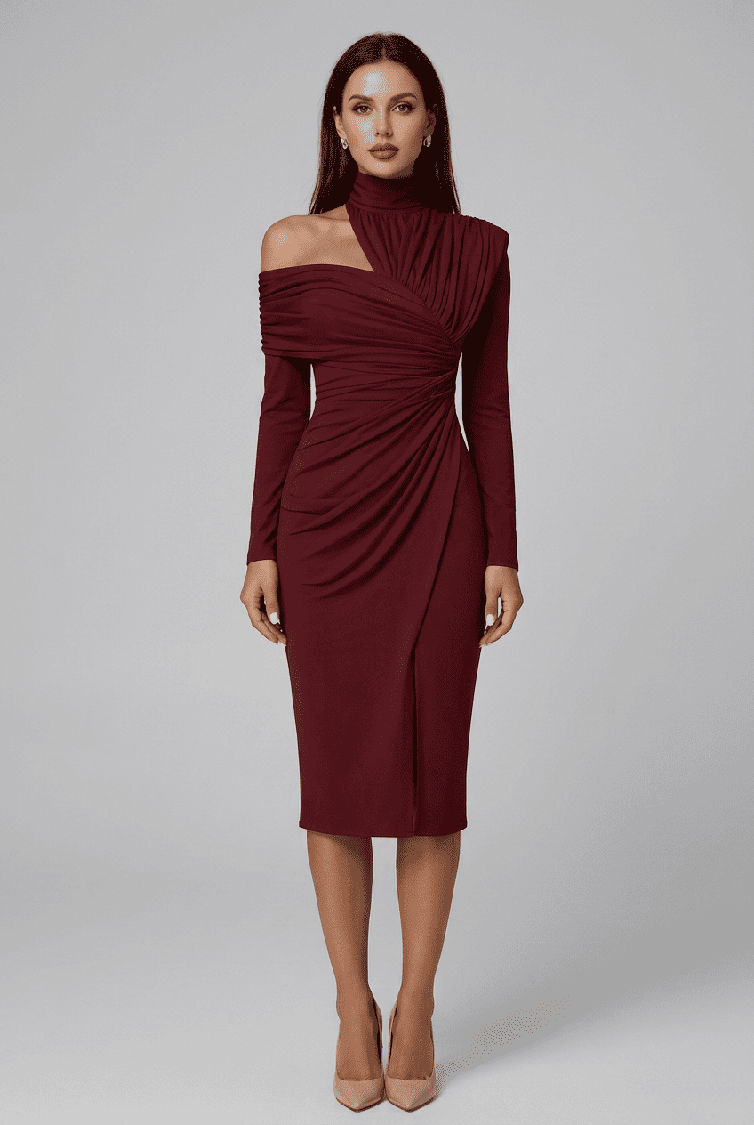 Women’s Ruched High Neck Wedding Guest Dress | Midi