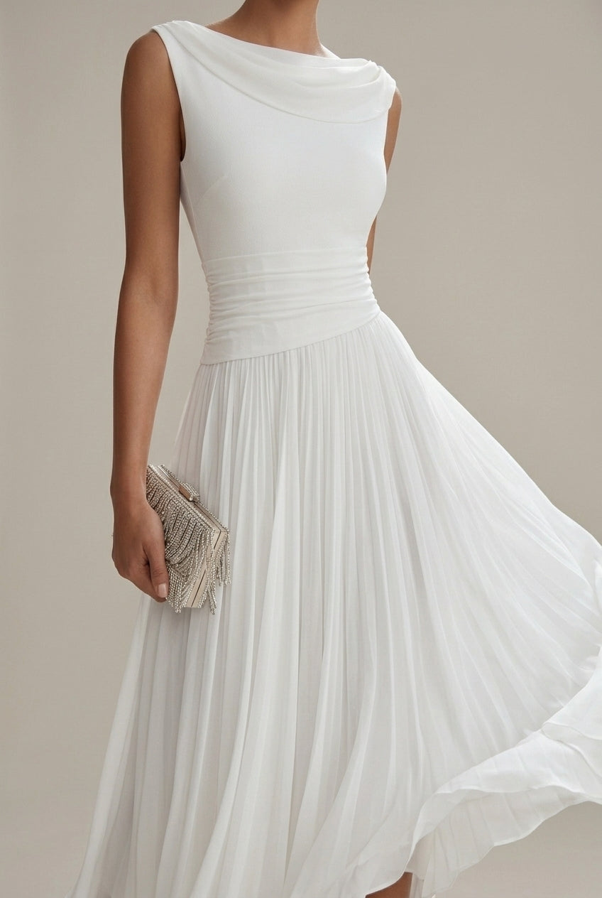 Women's Dress | Sleeveless Draped Neckline Pleated Midi
