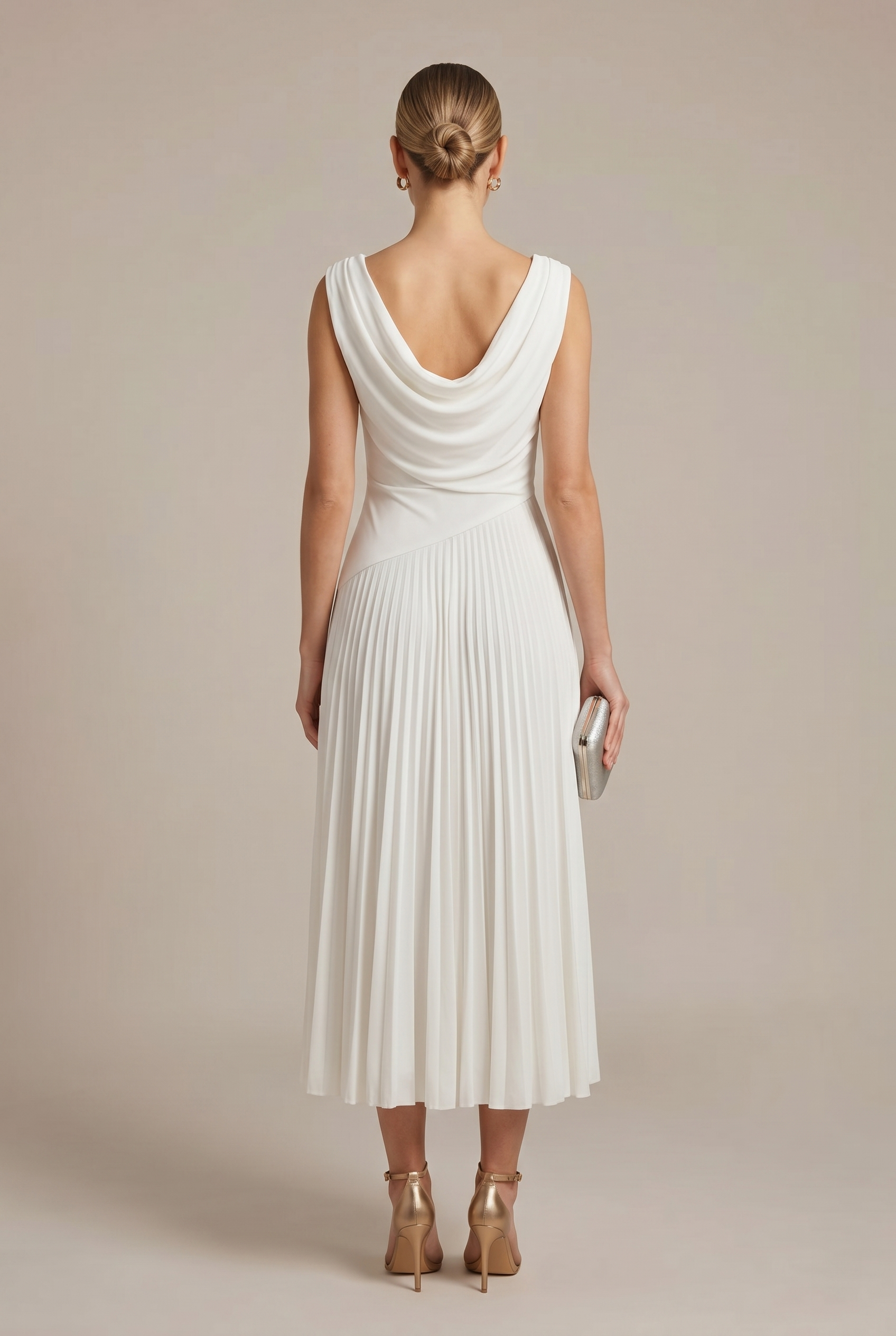 Women's Dress | Sleeveless Draped Neckline Pleated Midi