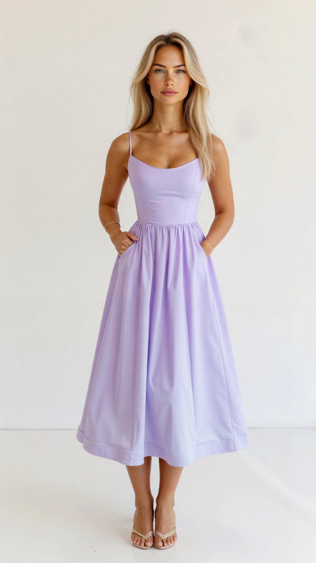 Wedding Guest Dress Women | Midi with Fitted Bodice & Spaghetti Straps
