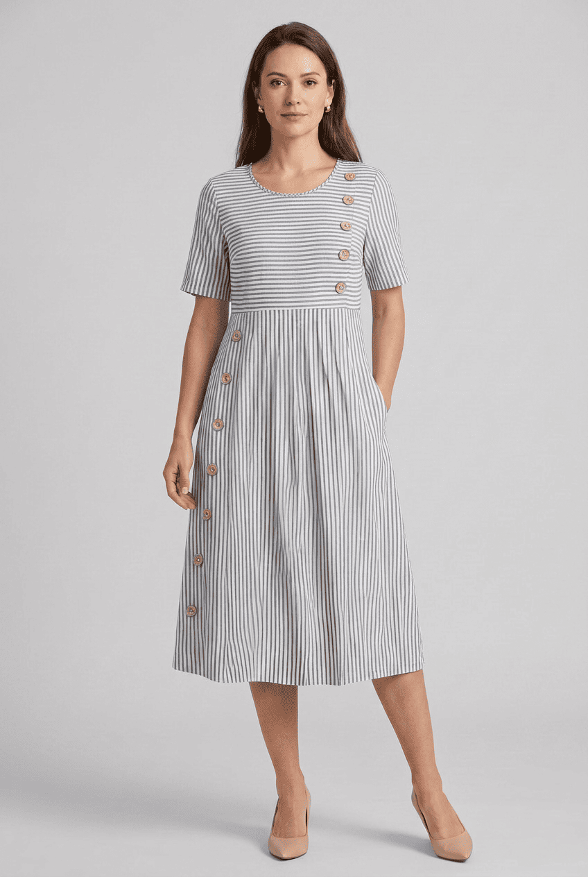 Women's Summer Striped Round Neck Dress | Midi