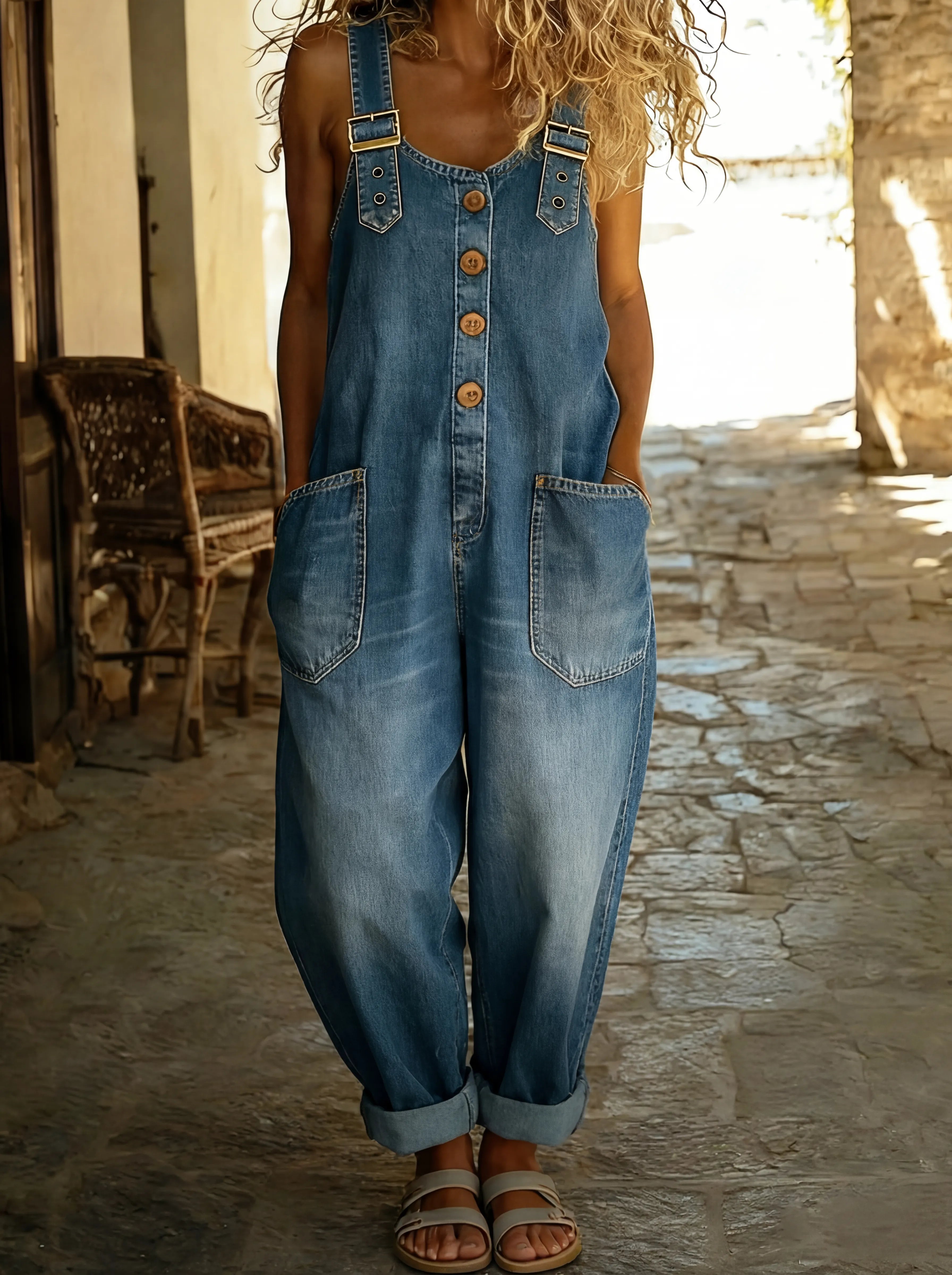 Women's Denim Dungarees | Adjustable Buckle Straps & Patch Pockets