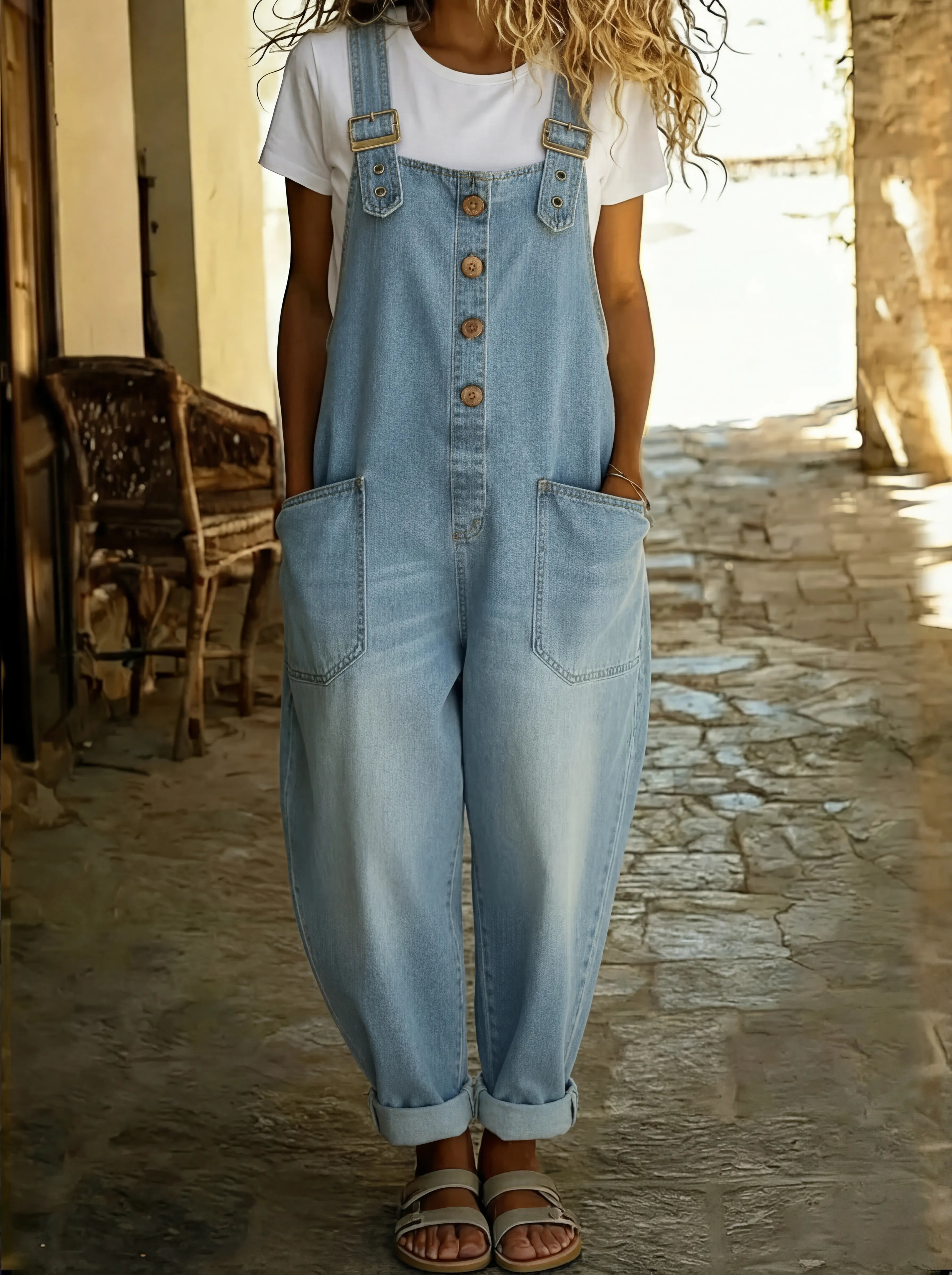 Women's Denim Dungarees | Adjustable Buckle Straps & Patch Pockets