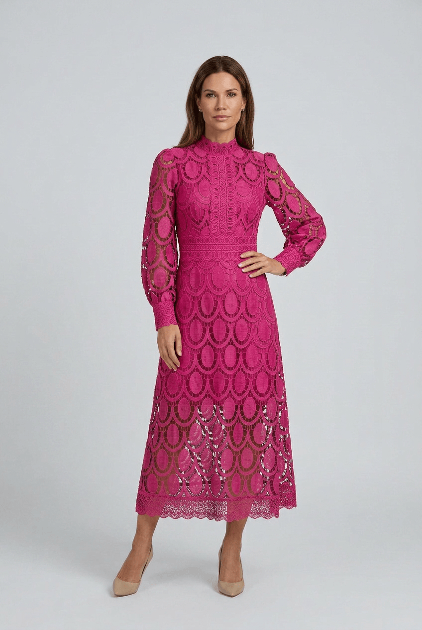 Women's Wedding Guest Dress Midi | Lace with Puff Sleeves