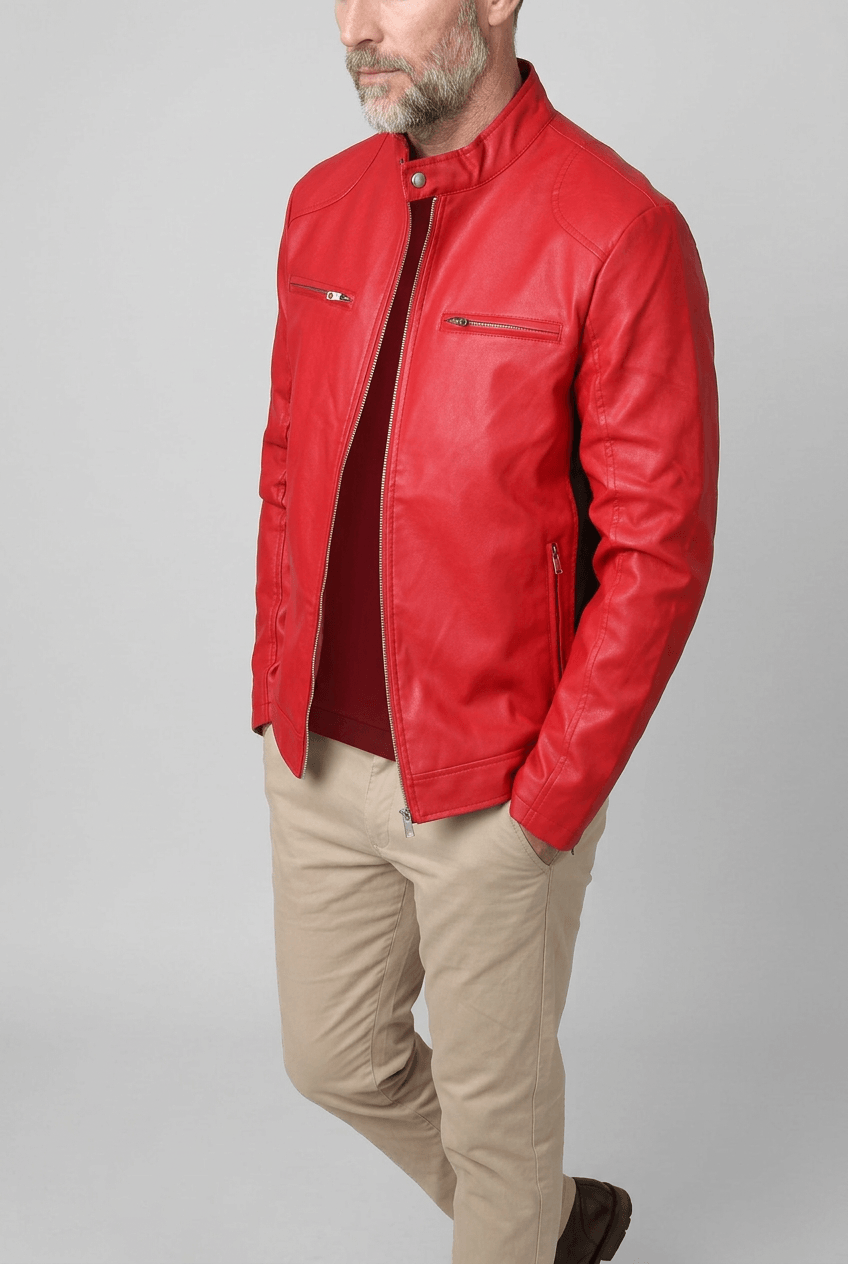 Men's Faux Leather Racer Jacket | Stand Collar and Zip Pockets