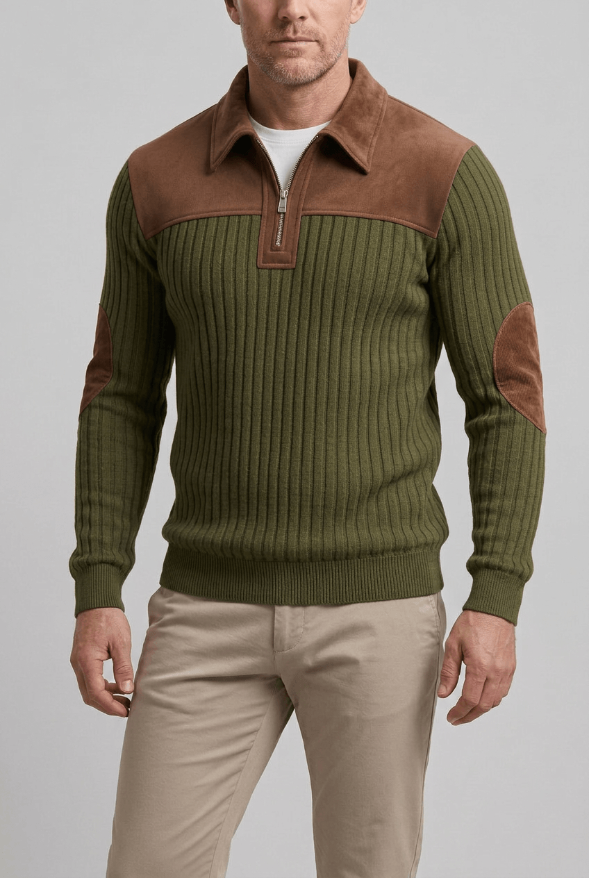 Men's Quarter Zip Pullover | Stand Collar, Contrast Shoulders and Elbow Patches