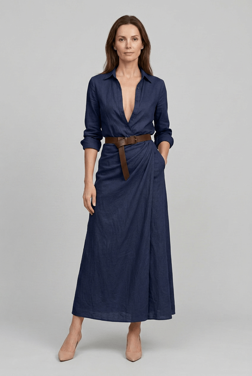 Women's Shirt Dress | Maxi with Draped Skirt & Long Sleeves