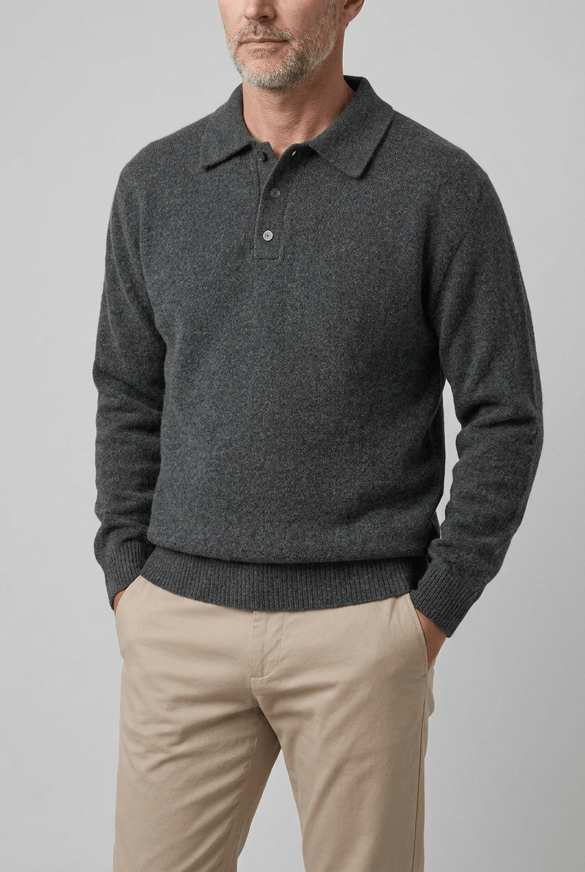 Men's Knitted Polo Jumper | Ribbed Cuffs & Hem