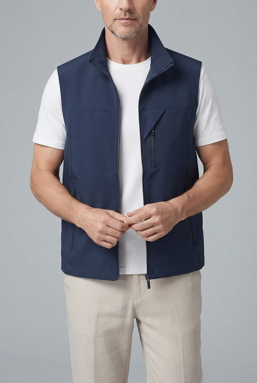 Men's Sleeveless Utility Gilet | Zip Front & Stand Collar