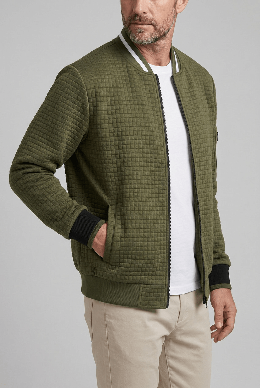 Men's Zip-Up Bomber Jacket | Stand-Up Ribbed Collar and Sleeve Pocket
