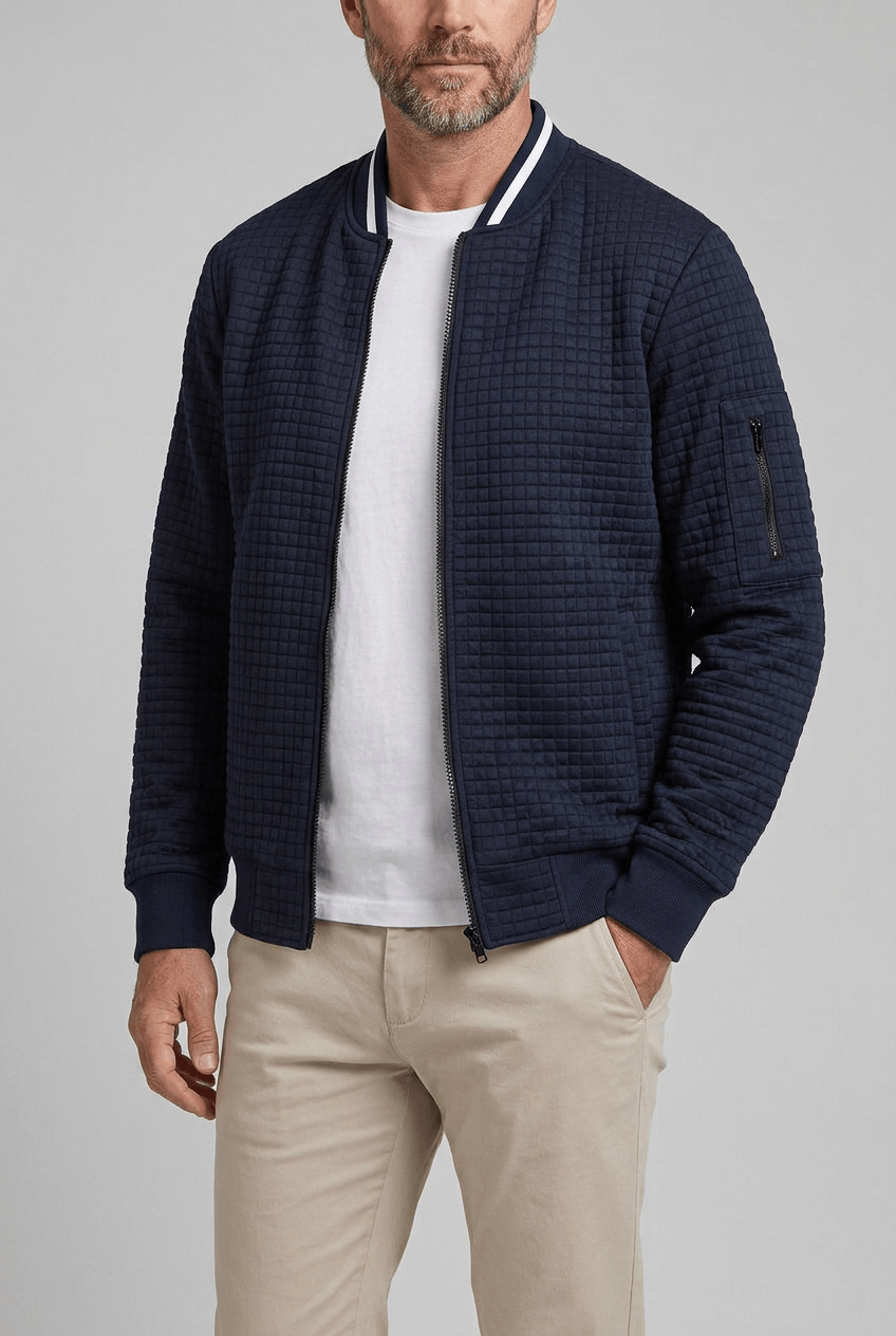 Men's Zip-Up Bomber Jacket | Stand-Up Ribbed Collar and Sleeve Pocket