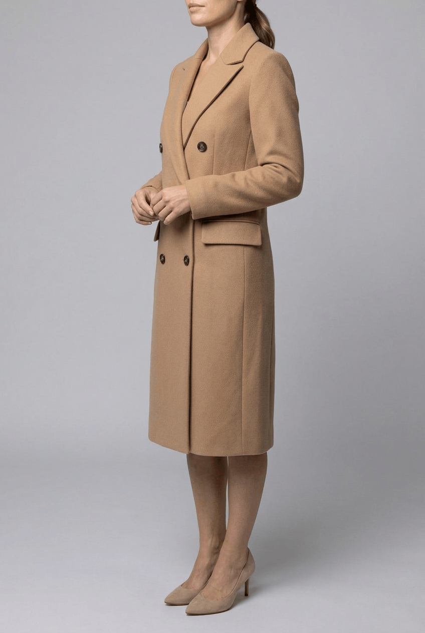 Women's Double-Breasted Long Coat | Notch Lapel & Flap Pockets