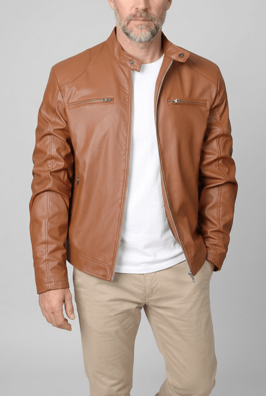 Men's Faux Leather Racer Jacket | Stand Collar and Zip Pockets