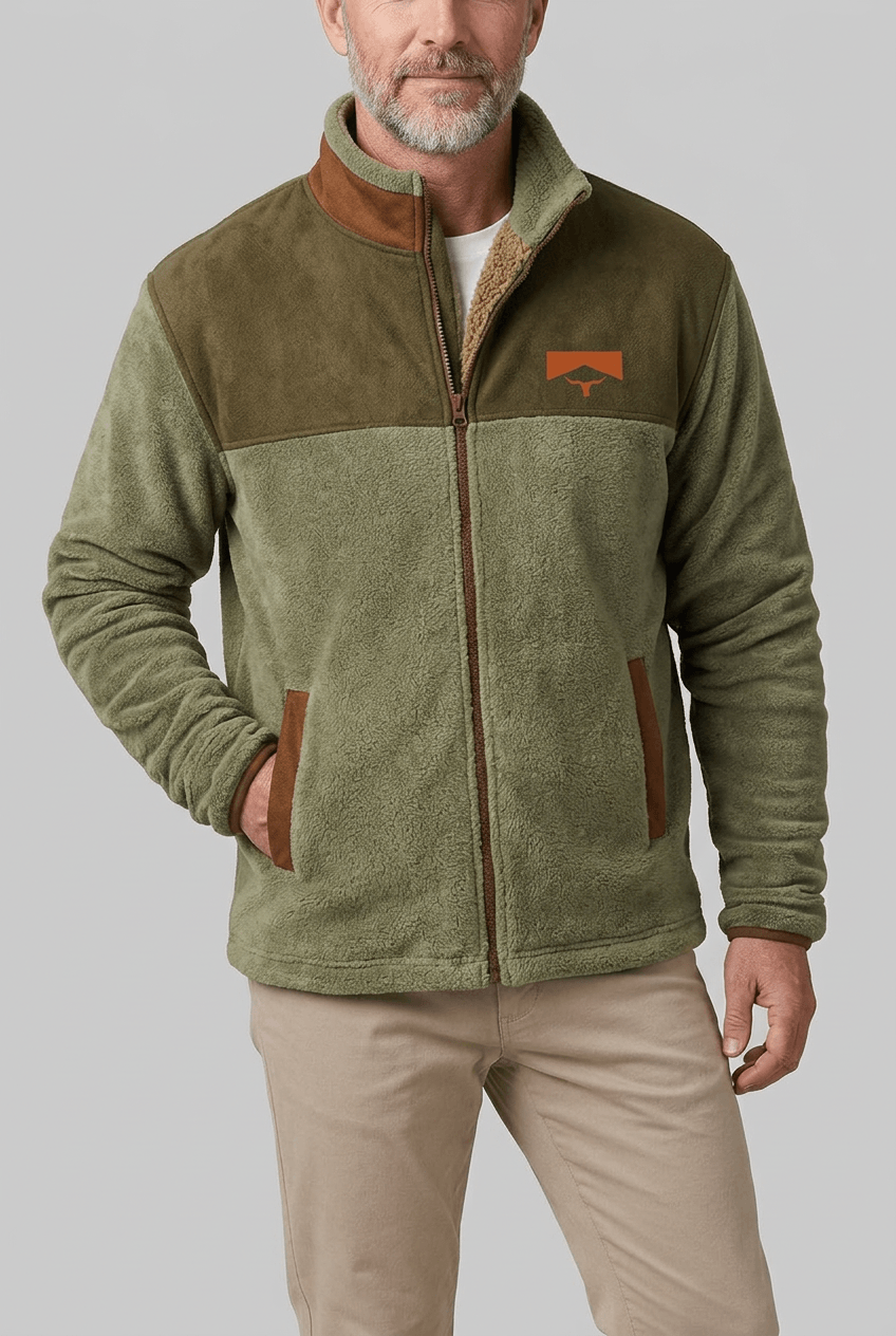 Men's Sherpa Fleece Jacket | Aztec Print Sleeves & Contrast Collar