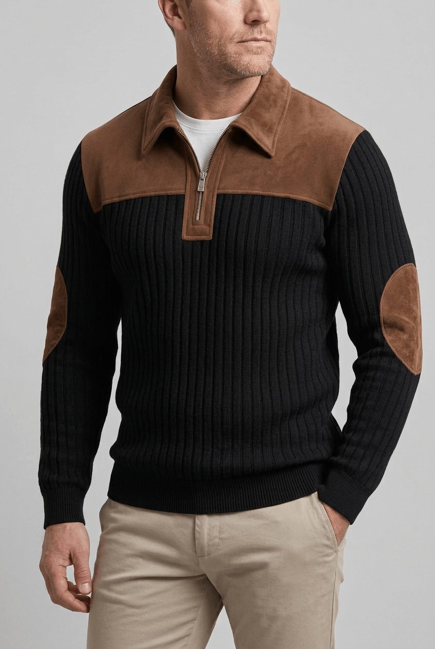 Men's Quarter Zip Pullover | Stand Collar, Contrast Shoulders and Elbow Patches