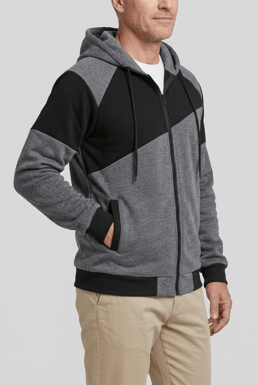 Men's Zip-Up Hoodie | Colour Block Panels & Drawstring Hood