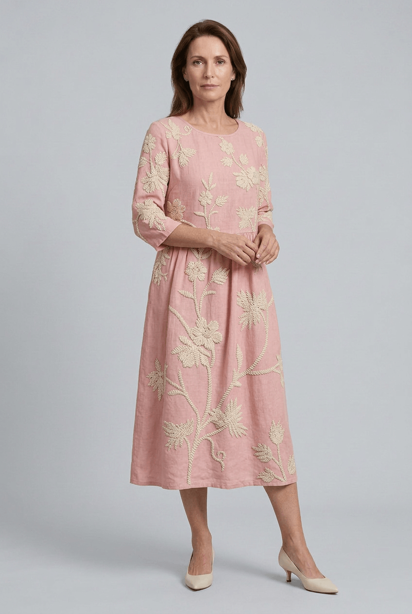 Women's Midi Dress | Floral Embroidery & 3/4 Sleeves
