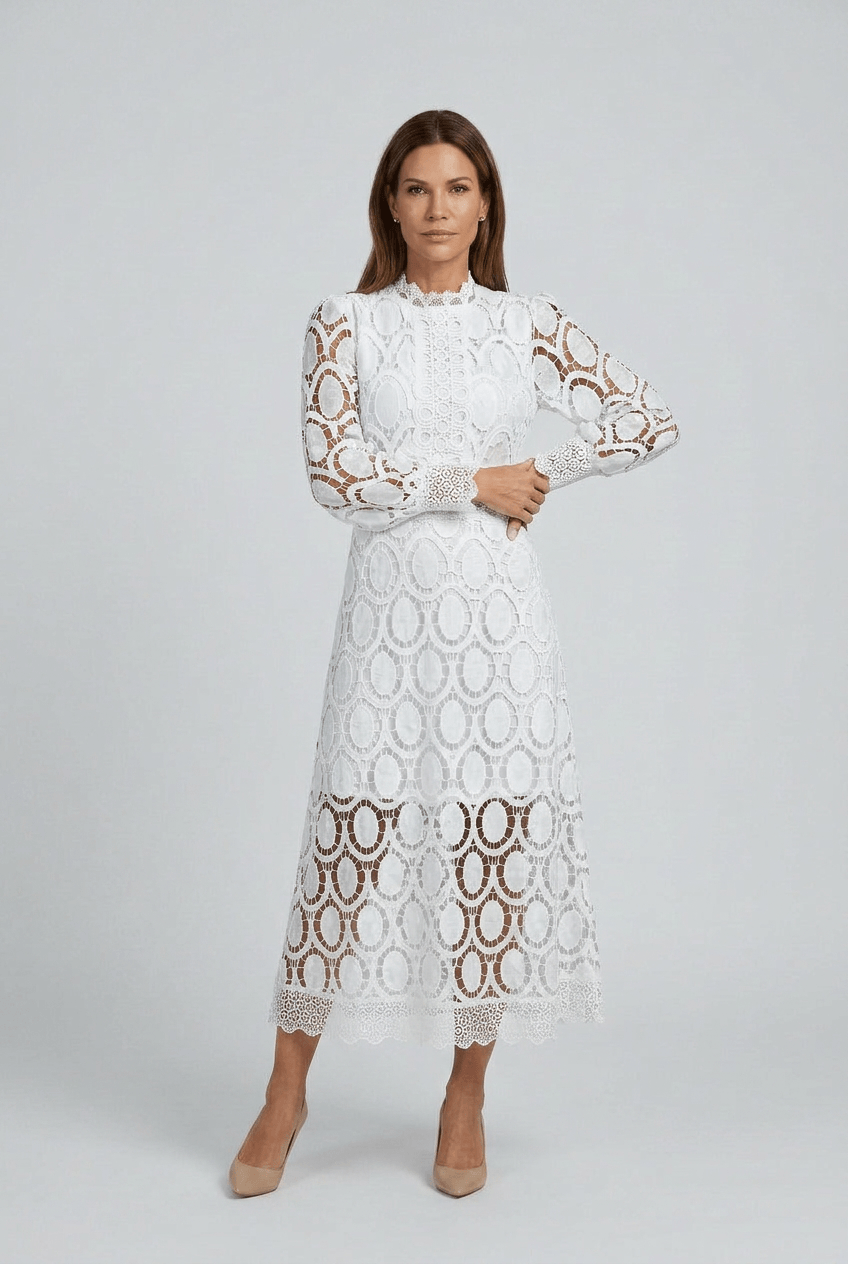 Women's Wedding Guest Dress Midi | Lace with Puff Sleeves
