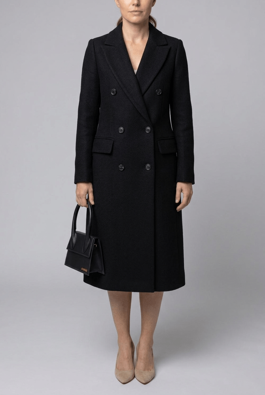 Women's Double-Breasted Long Coat | Notch Lapel & Flap Pockets