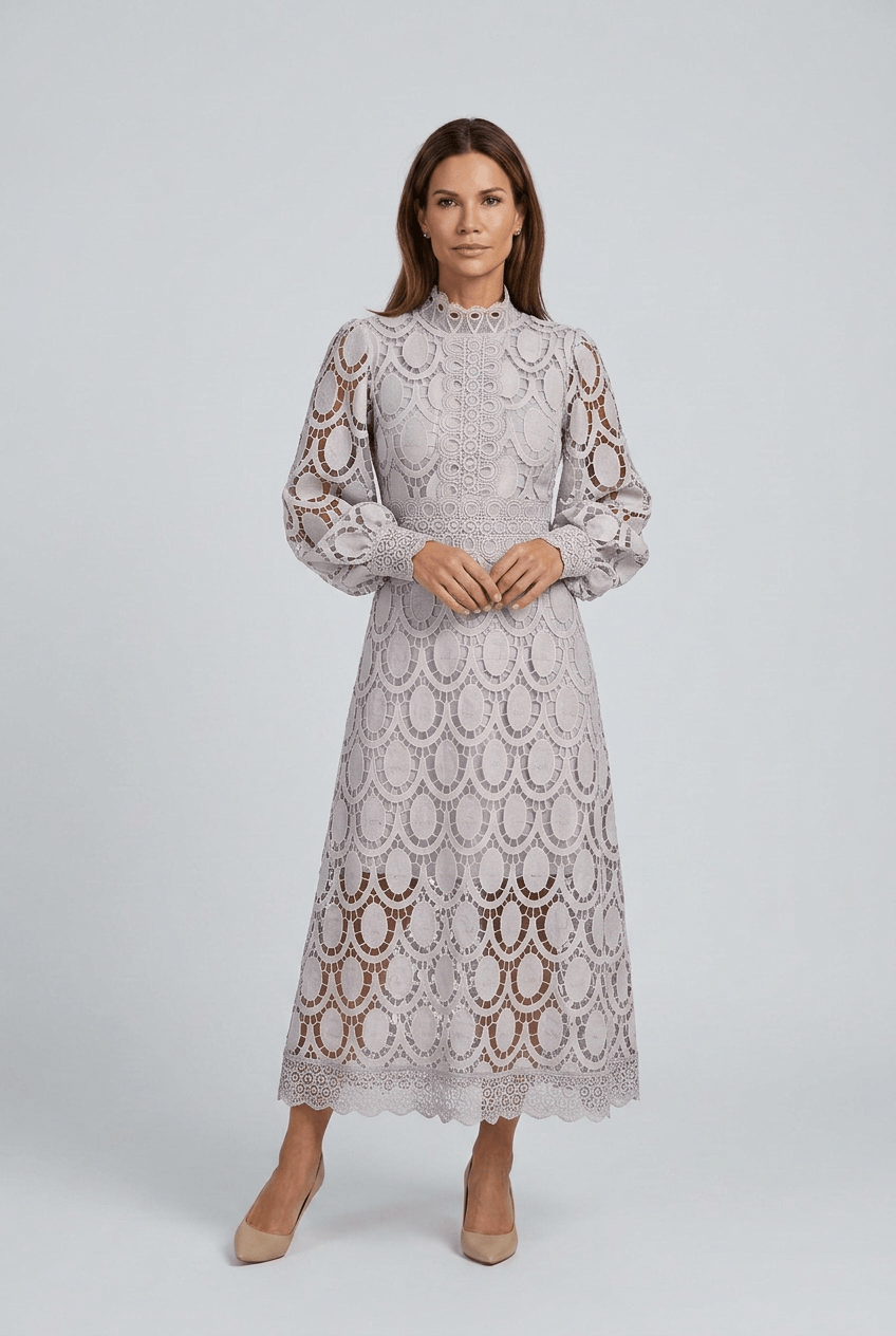 Women's Wedding Guest Dress Midi | Lace with Puff Sleeves