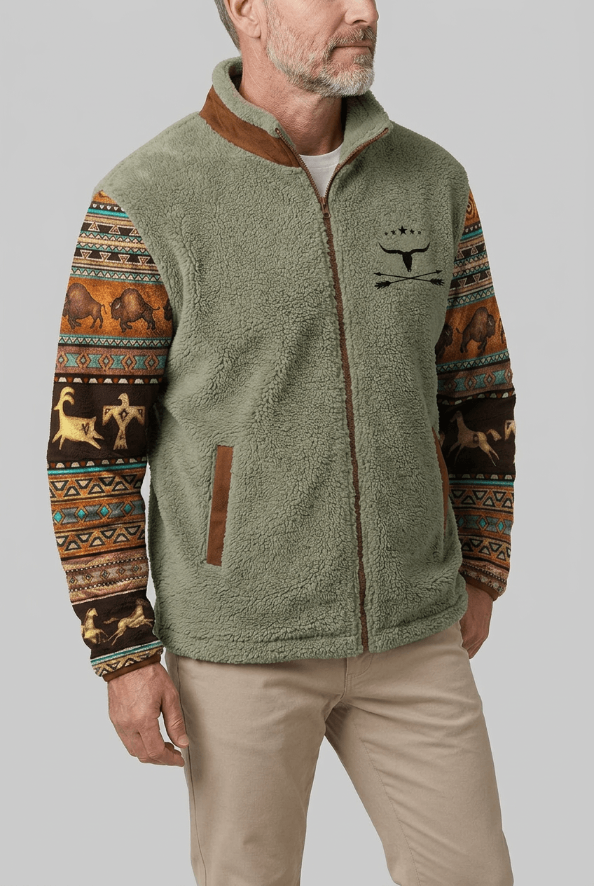 Men's Sherpa Fleece Jacket | Aztec Print Sleeves & Contrast Collar