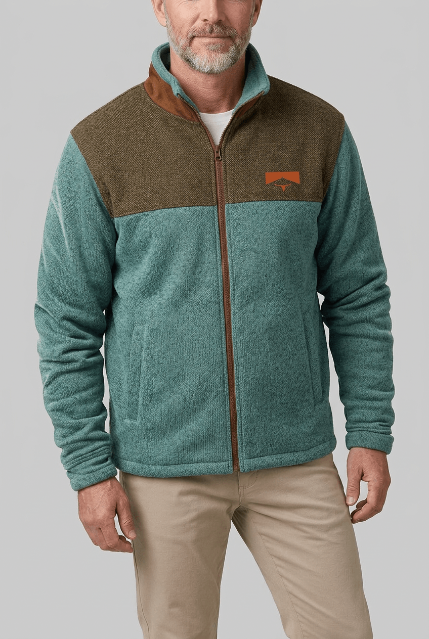 Men's Sherpa Fleece Jacket | Aztec Print Sleeves & Contrast Collar