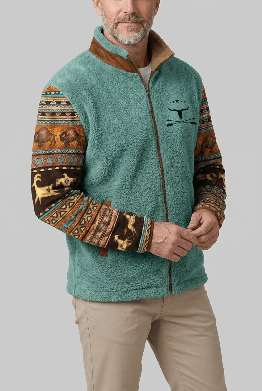 Men's Sherpa Fleece Jacket | Aztec Print Sleeves & Contrast Collar