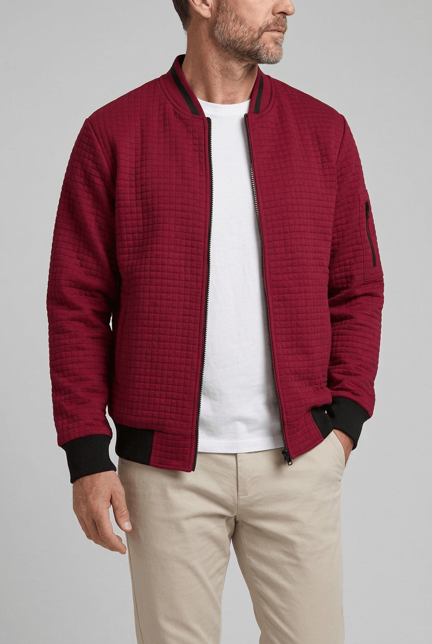 Men's Zip-Up Bomber Jacket | Stand-Up Ribbed Collar and Sleeve Pocket